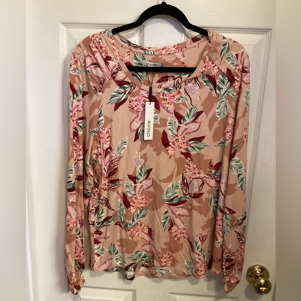 Chico's Floral Long Sleeve Top - Pink and Green. NWT